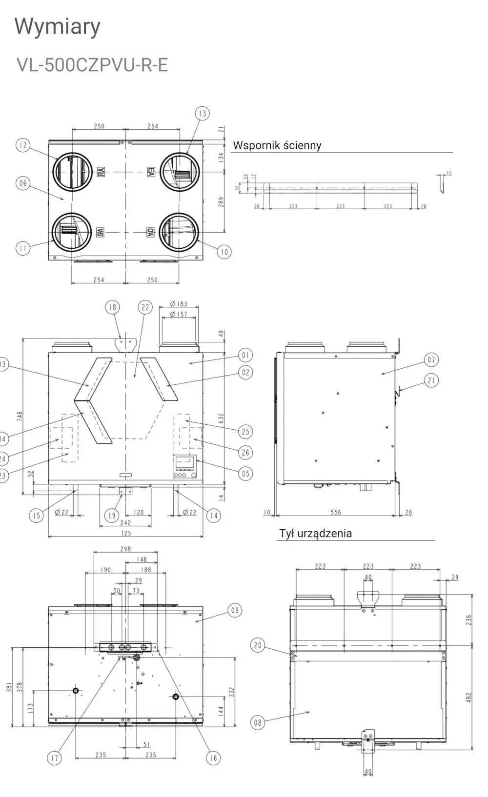 Mitsubishi Lossnay VL-500CZPVU-R/L-E wymiary